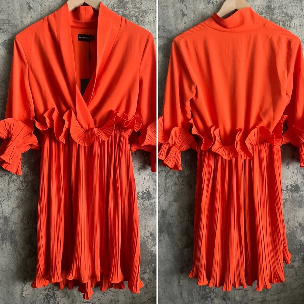 Stunning Orange dress with deep v neck and ruffle detail spring/summer dress - Picture 1 of 15